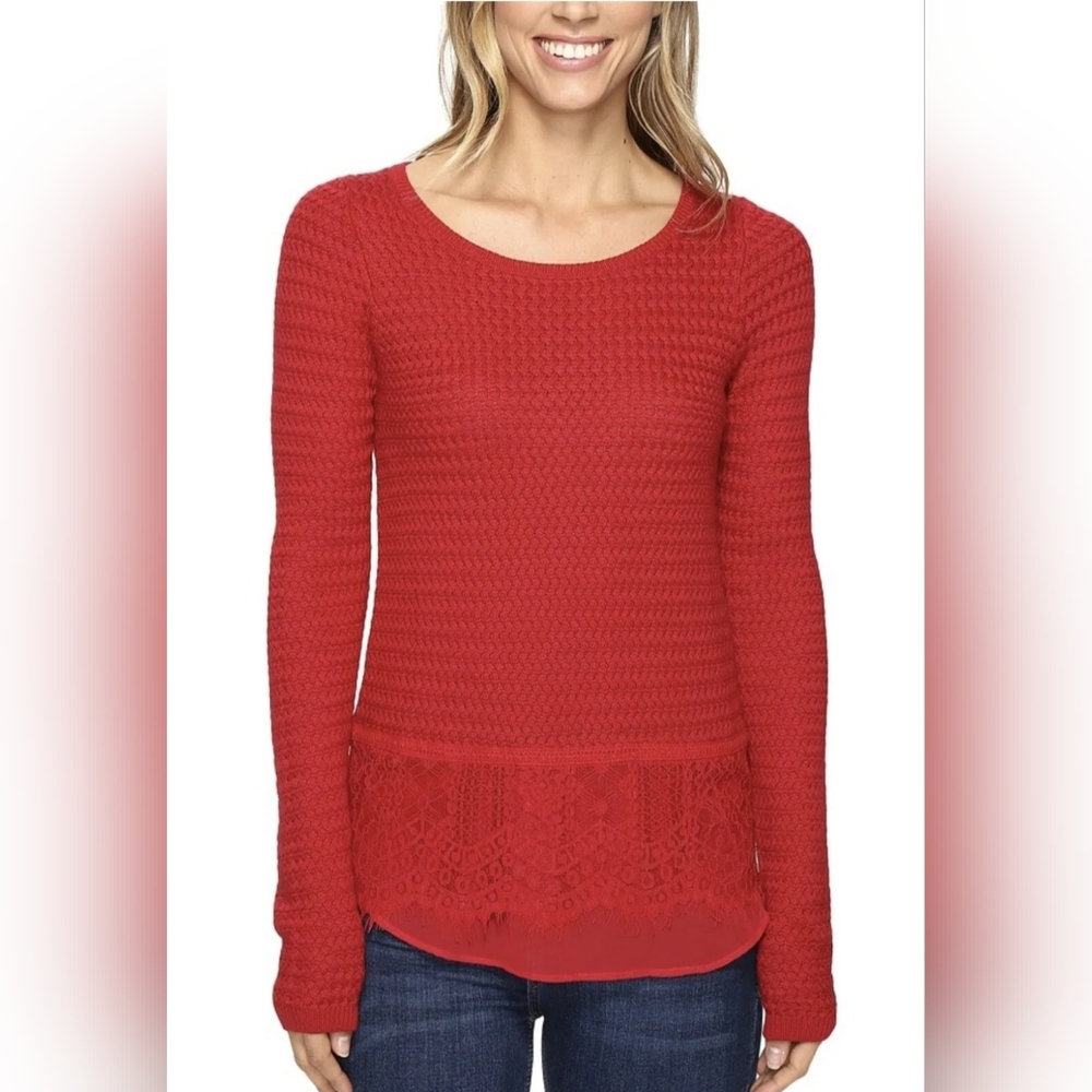 Lucky Brand Red Lace crewneck knit Sweater Size Small
